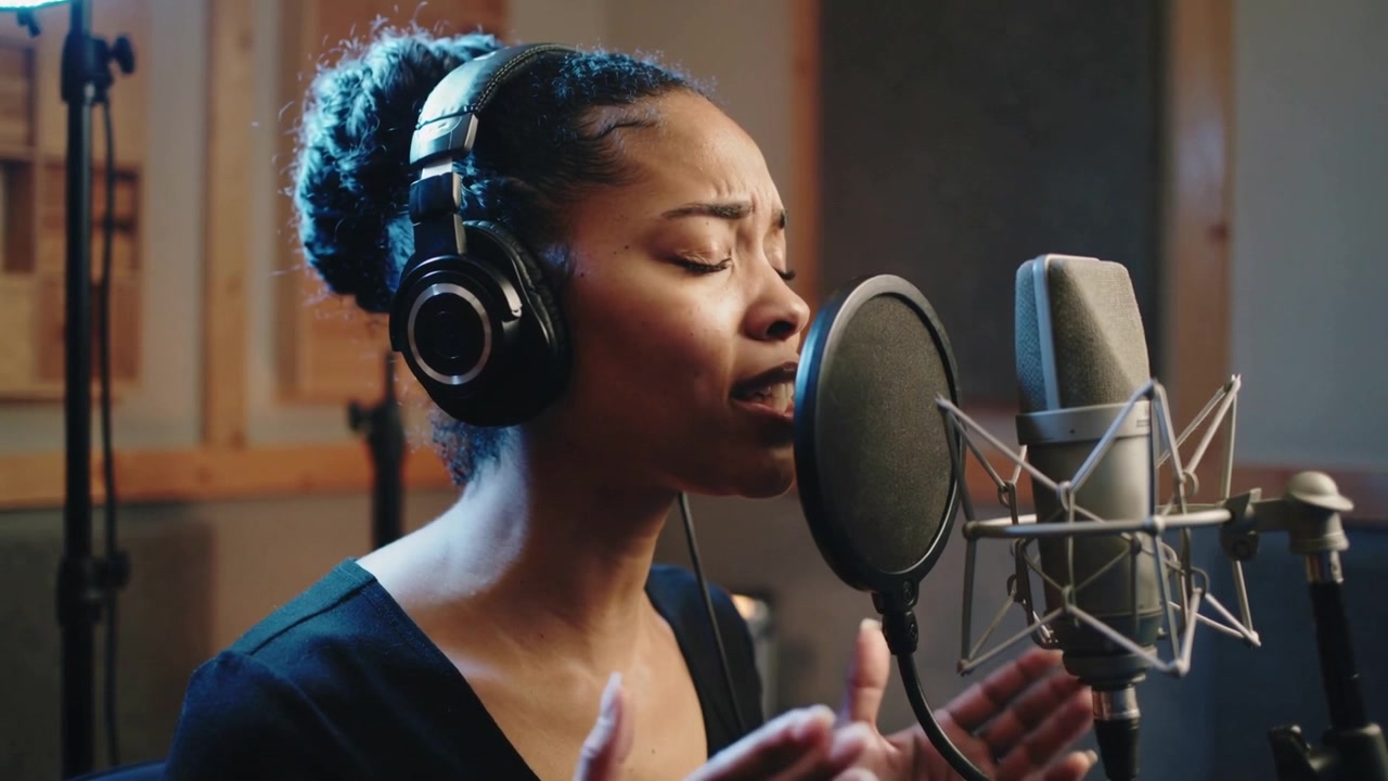 Registrazione in corso, cantante in cabina con top scuro e cuffie che canta in un microfono con pop-filter, modellando le linee.