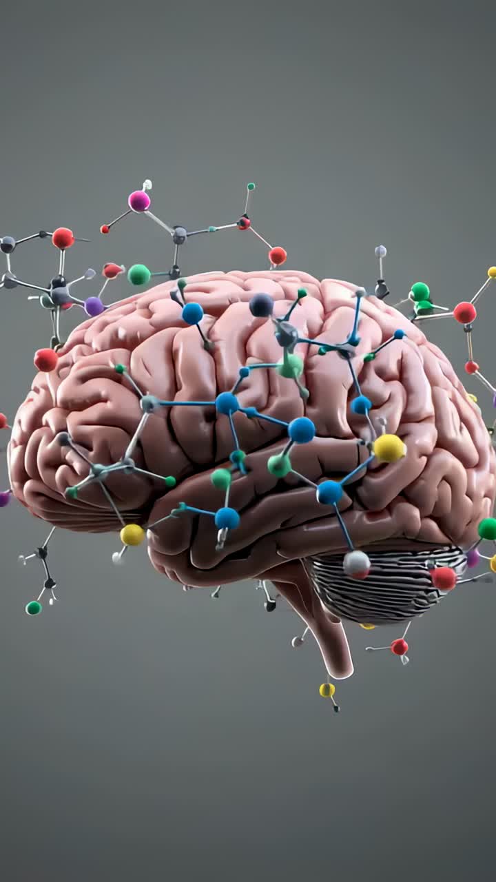 Vertical video: Rotating brain model in gray backdrop while molecules entering, orbiting cortex