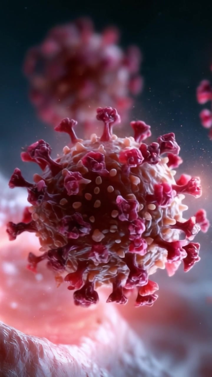 Primo piano intricato di un virus con dettagli e texture vibranti, che evidenzia la sua struttura e le sue caratteristiche uniche in una microfotografia mozzafiato.