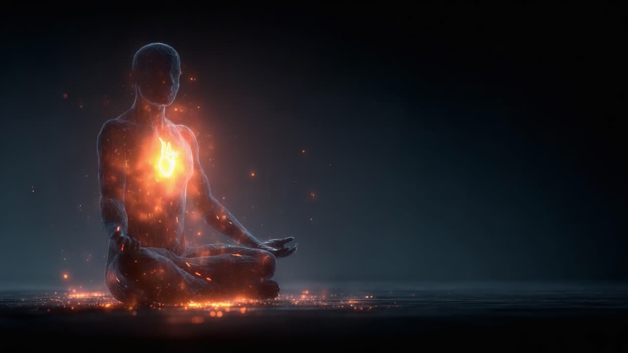 Un'Immagine Serena e Accattivante di una Figura Luminosa e Meditativa che Irradia Energia, Simboleggiando Pace Interiore, Vitalità e il Risveglio dello Spirito Umano Attraverso la Meditazione