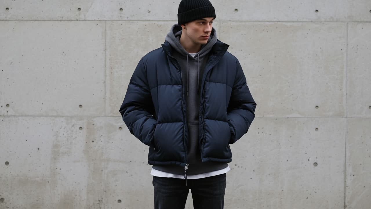 A fashion-centric individual showcases modern urban attire, blending warmth and style with a puffer jacket, hooded sweatshirt, and casual jeans against a minimalist concrete backdrop