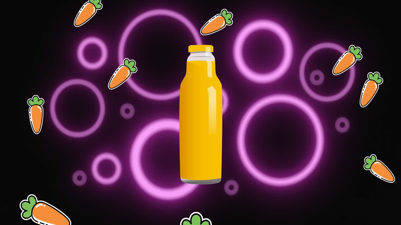 Animation of falling carrots and bottle of healthy juice, with purple rings on black background
