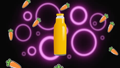 animation of falling carrots and bottle of healthy juice, with purple rings on black background