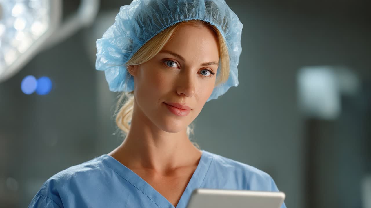 Focused Professional in Surgical Scrubs Engaging with Digital Tablet, Radiating Confidence and Expertise in a Medical Environment