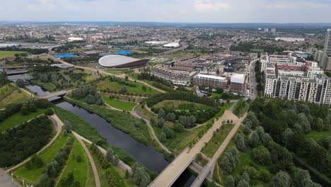 aerial footage queen elizabeth olympic park stratford east london with leyton waltham forest in background