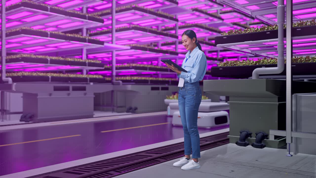 Woman inspecting plants in a vertical farm