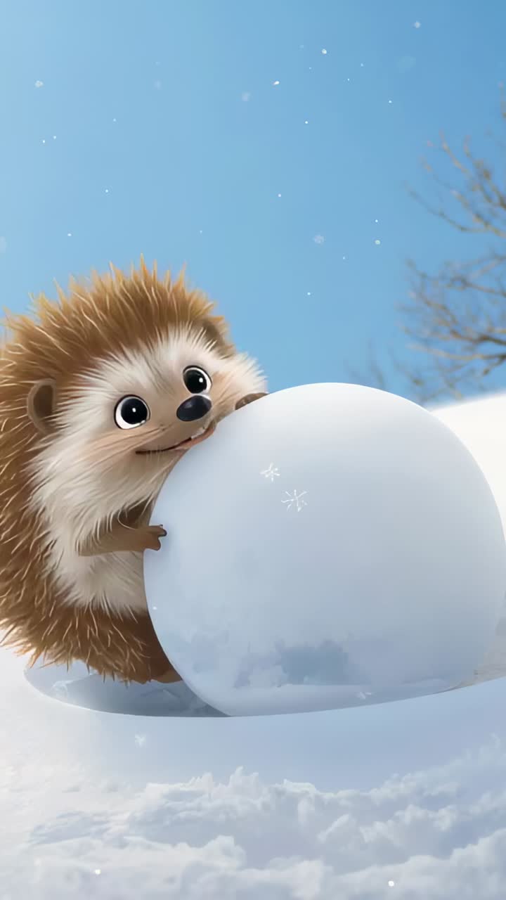 Vertical video: Nudging large snowball, small hedgehog pushing and chasing rolling ball across snow
