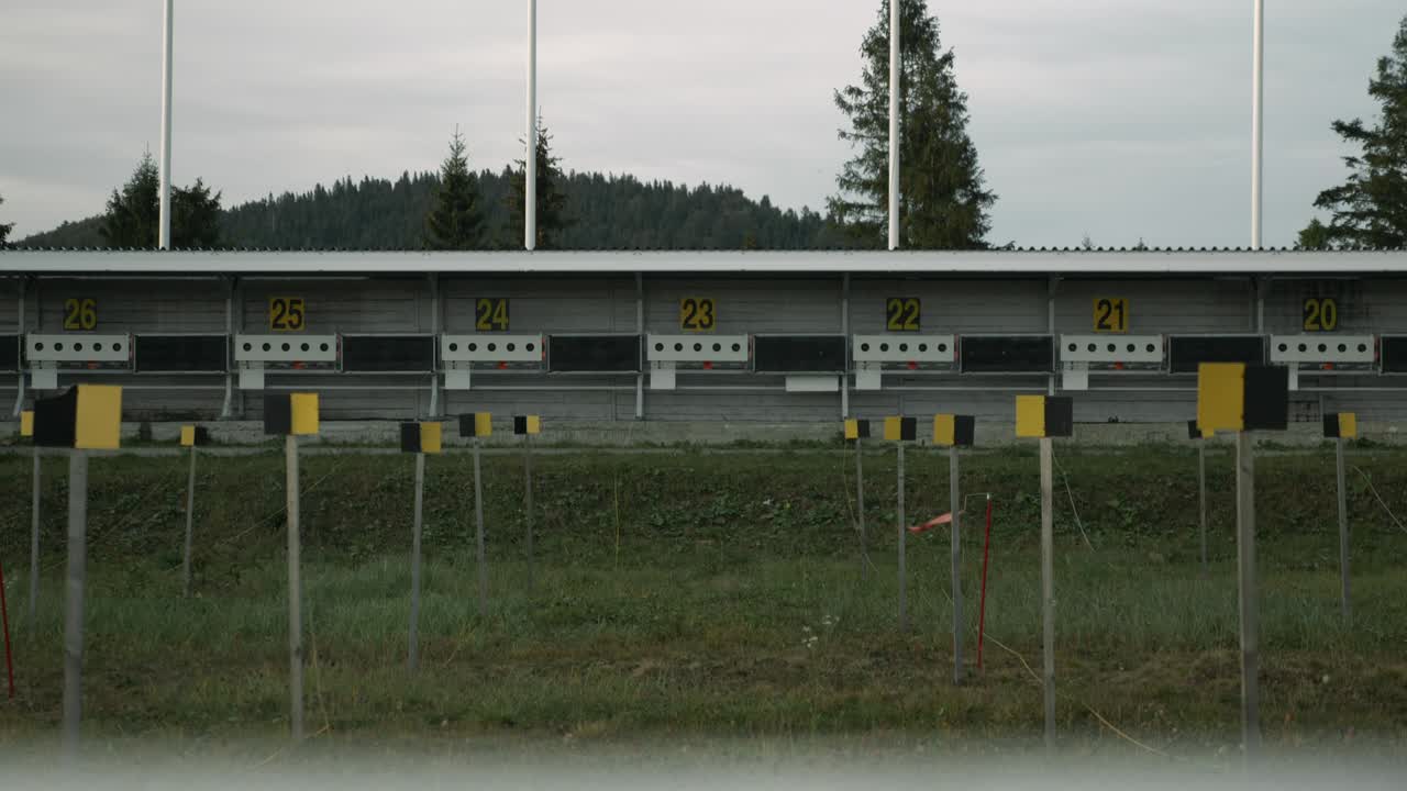 Targets for shooting during biathlon. Numbering of targets in biathlon. Target sports shooting. Empty shooting range at biathlon. Shooting biathlon target