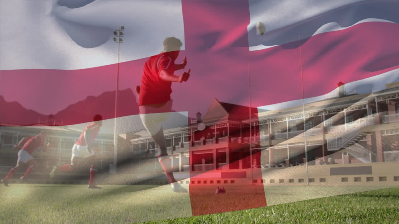 Animation of england flag waving over diverse male players playing rugby on sports ground