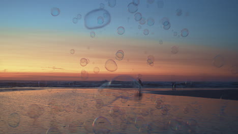 shiny soap bubbles floating across beach towards fiery sunset sky with orange - blue colors, slow motion wide shot