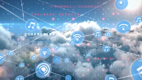 animación del procesamiento de datos y redes de conexiones con iconos en el cielo