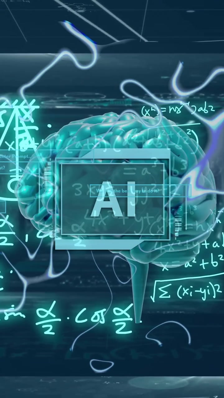 Animation of human brain, ai text and mathematical data processing
