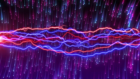 animación de corrientes eléctricas azules y rojas sobre luces rosas y azules sobre fondo oscuro