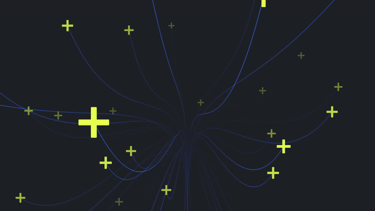 분홍색 십자가가 어두운 파란색 캔버스를 가로질러 춤을 추며 역동적인 패턴을 만니다.