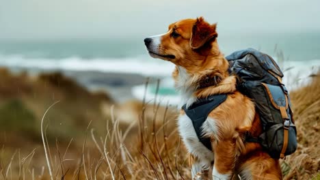 a dog with a backpack standing on top of a hill