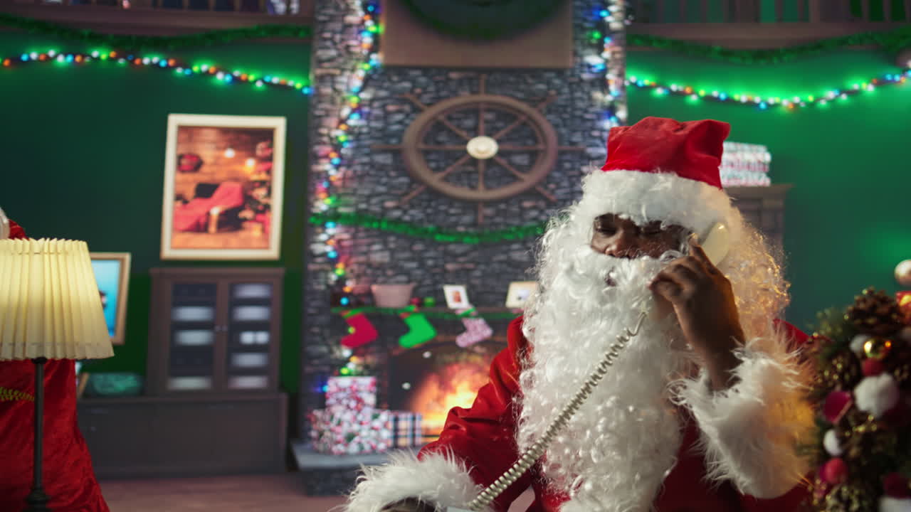 Santa Claus on the Phone in Festive Christmas Setting