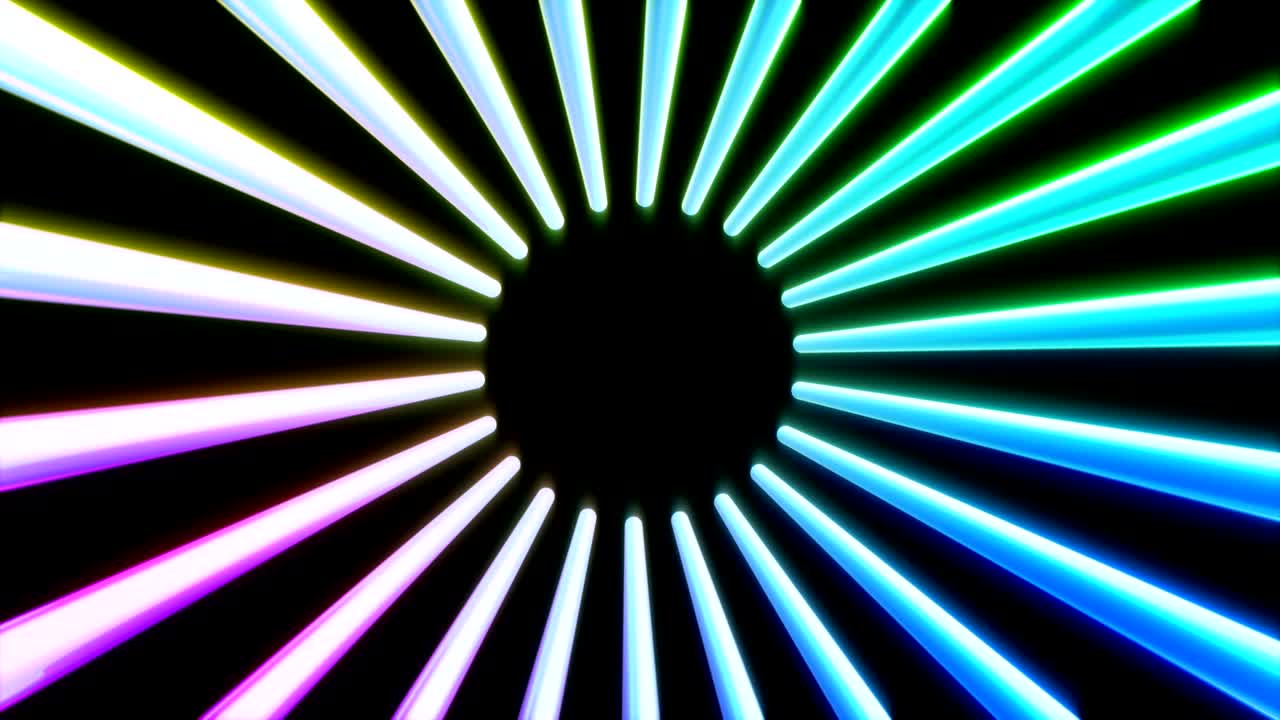 líneas láser de luz de neón brillantes en color negro. colorido fondo geométrico fluorescente abstracto. renderización 3d futurista en bucle. animación de moda moderna para diseño de transmisión, espectáculo, club.