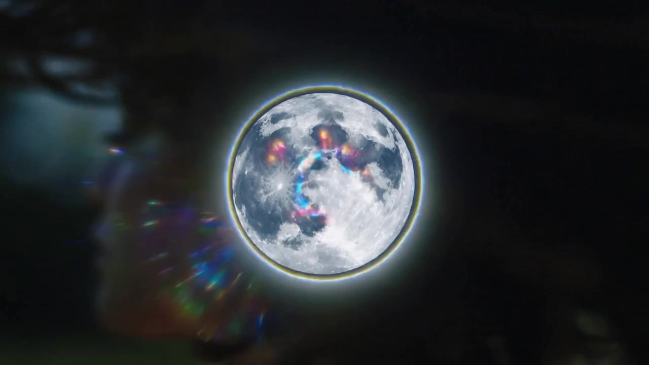 Turning Hispanic teen tilting head, hair swinging in field camera cutting to moon with prism flares