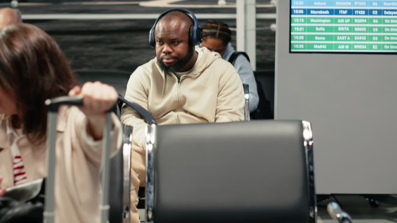 Talking, international vacation travel and multiethnic people in airport