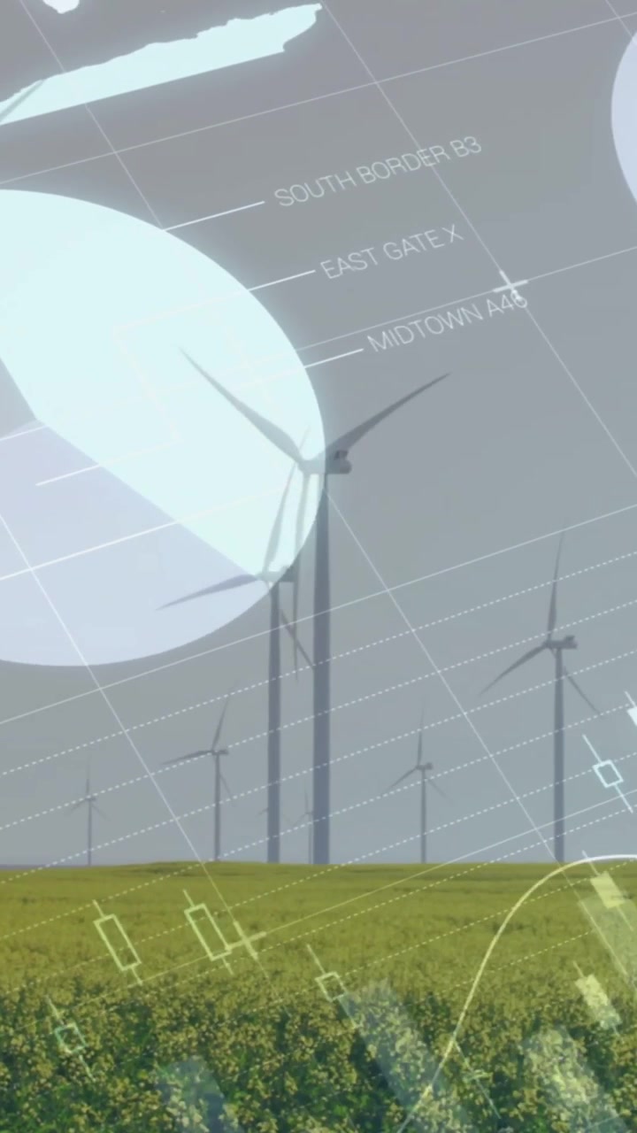 Video verticale: HUD che appare, turbine eoliche che mostrano grafici a scorrimento e grafici a torta in crescita per visualizzare la produzione.