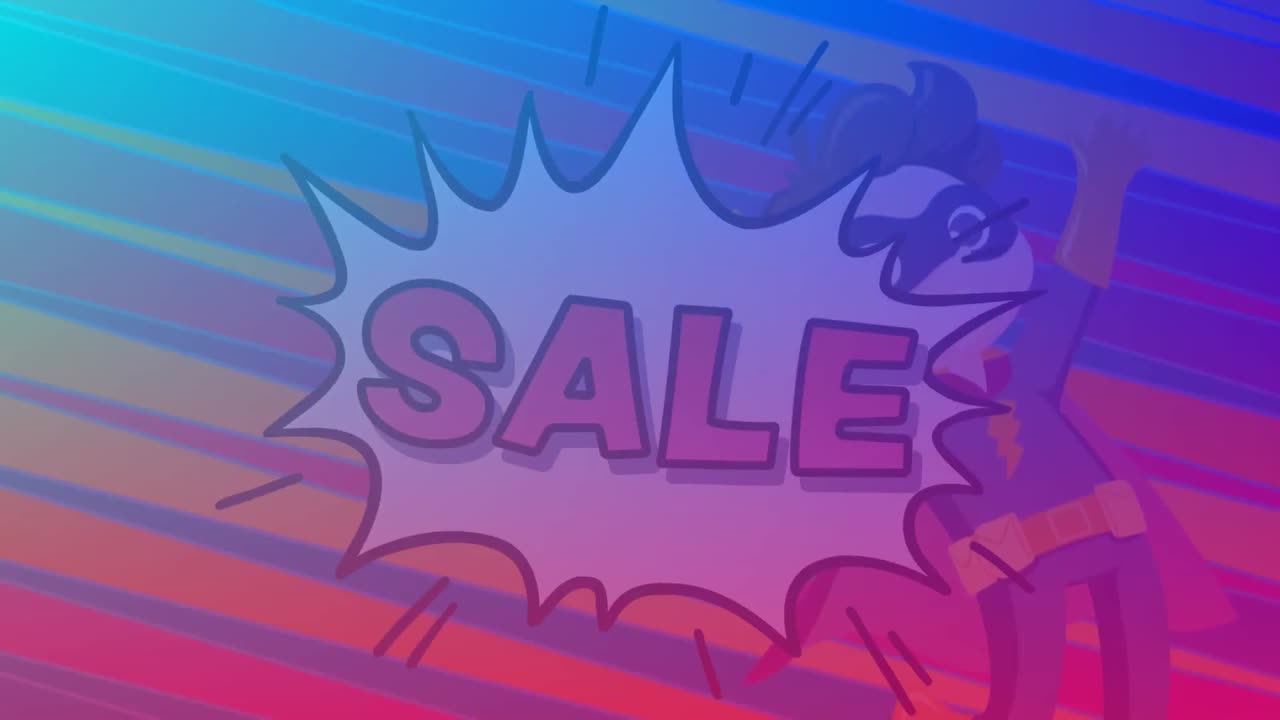 레트로 스피치 버블과 아이 슈퍼히어로에 대한 판매 텍스트의 디지털 애니메이션