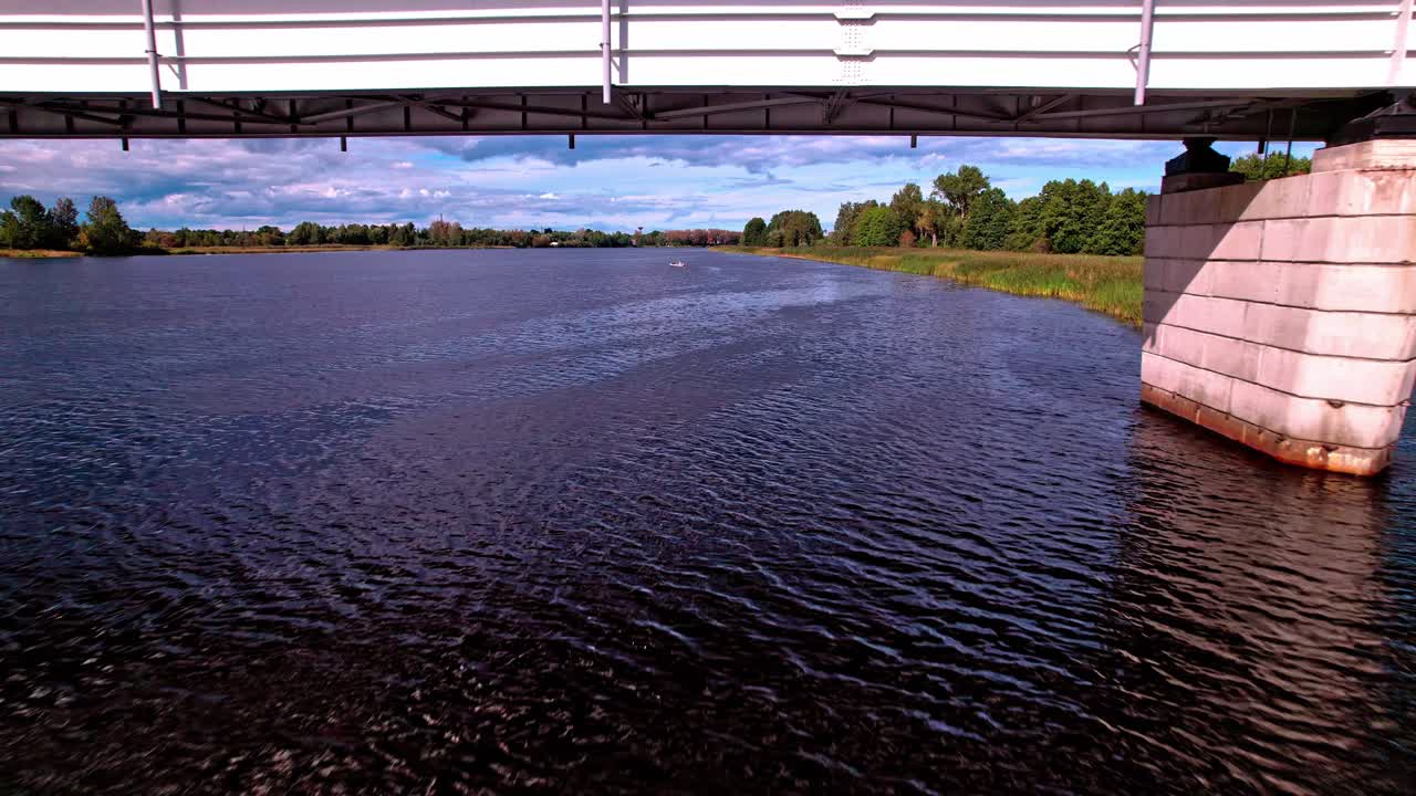 Aerial view of a serene river landscape in Latvia surrounded by nature