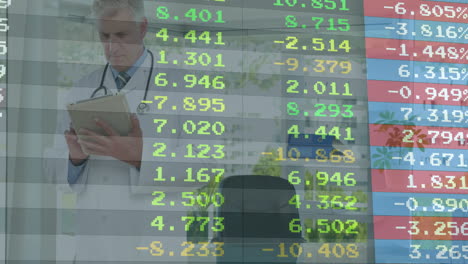 doctor using tablet, stock market data animation over medical office background