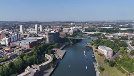 aerial drone view of sunderland north east england uk tyne and wear wearside river early morning stadium of light monkwearmouth bridge