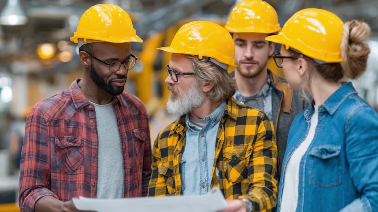 A Team of Construction Workers Collaboratively Analyzing Plans in a Bright Workplace Environment, Focused on Safety and Project Success