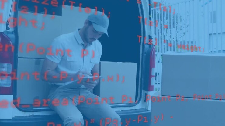 Datenverarbeitung vor dem Porträt eines kaukasischen Lieferboten, der im Lieferwagen sitzend auf ein Klemmbrett schreibt