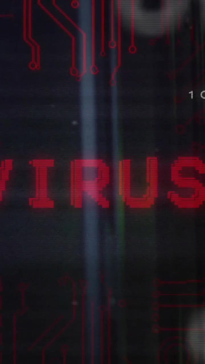 Animation of virus text over data processing caucasian female worker in server room
