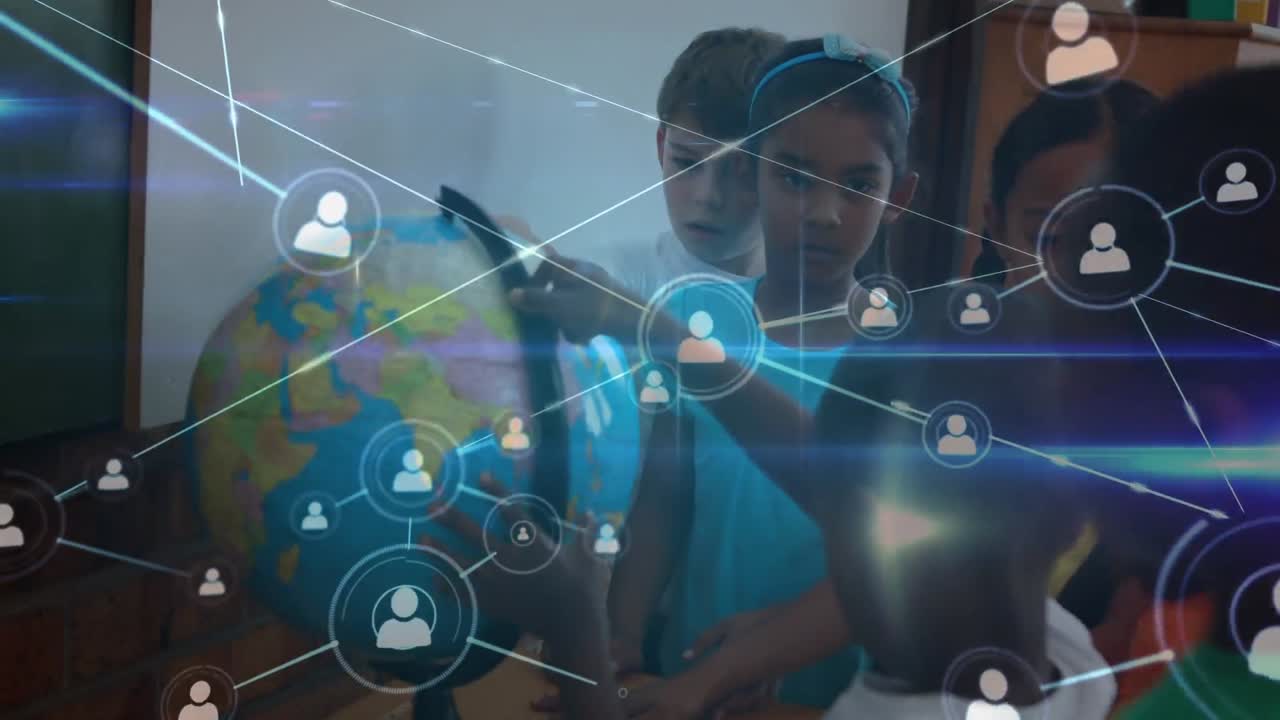 animación de la red de conexiones con iconos sobre diversos alumnos con globo en la escuela