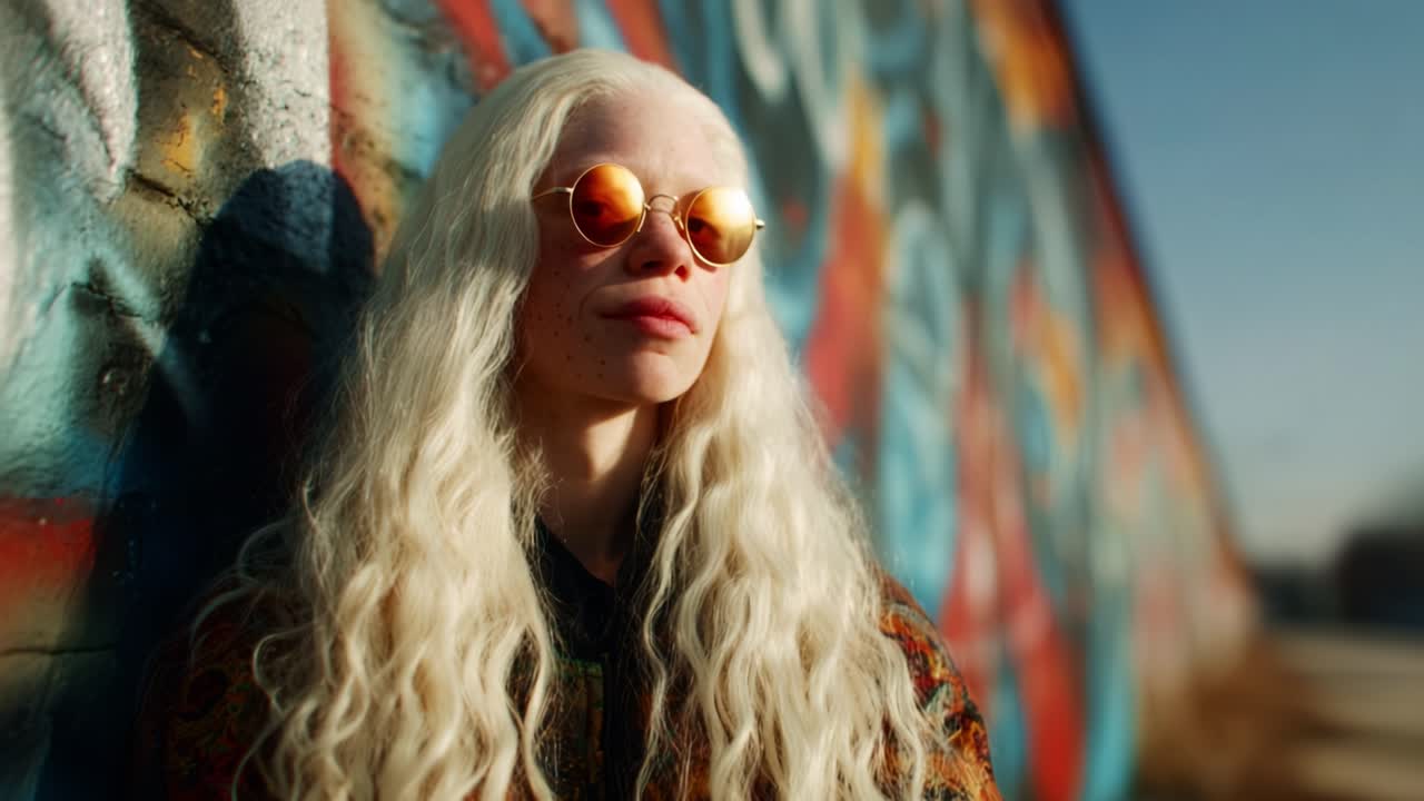 A striking portrait of an individual with flowing hair and reflective sunglasses against a vibrant graffiti backdrop, capturing the essence of modern urban culture and individuality