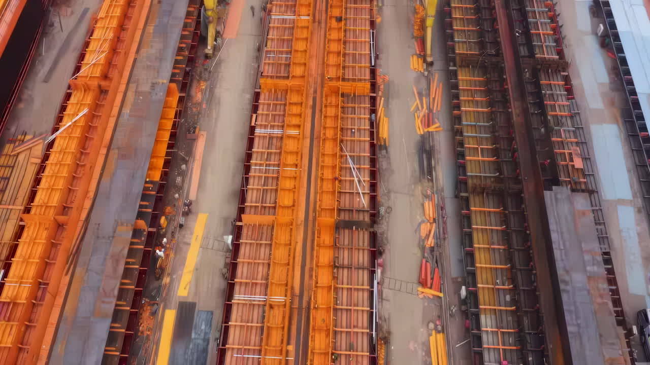 Industrial factory real shot of Shipbuilding and ship repair yard. Shipyard contains many cranes, dry docks, slipways, warehouses, painting facilities and large areas for fabrication of ships