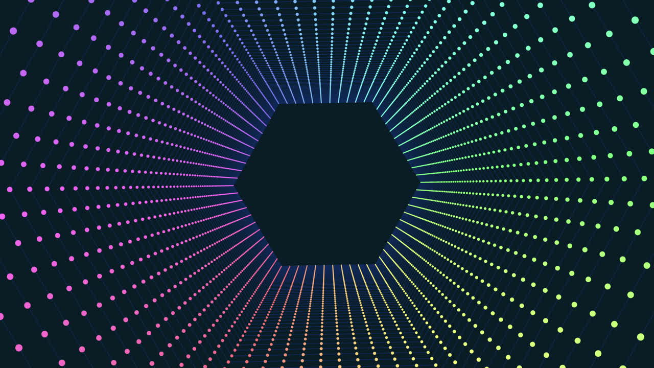 Esagoni astratti arcobaleno rotanti in un buco oscuro con punti neon su sfumatura nera