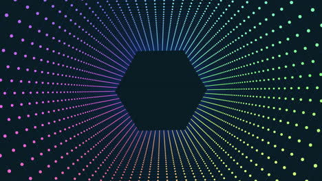 Spinning-abstract-rainbow-hexagons-in-dark-hole-with-neon-dots-on-black-gradient