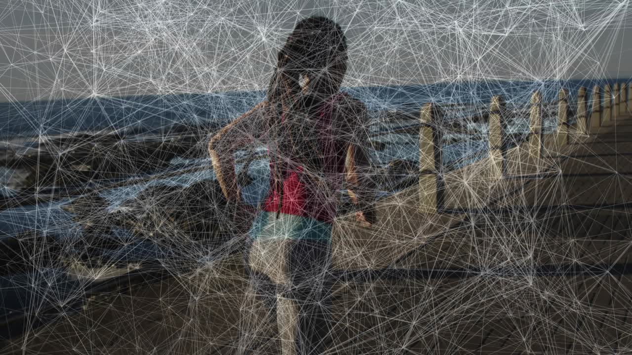 Female runner initiating coastal jog for fitness, with animated pace gauge overlaying railing