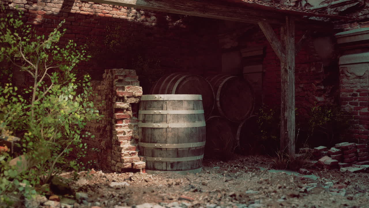 Resti di un'antica villa europea con una botte di legno scolorita