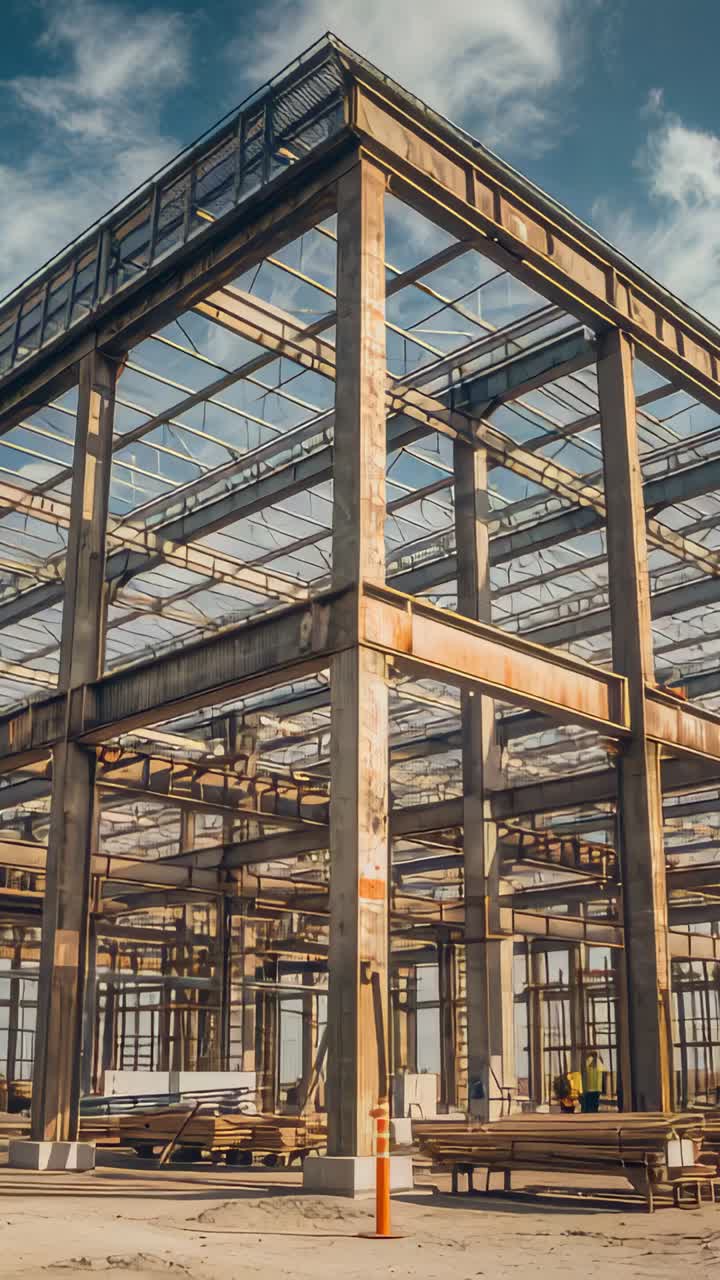 Vertical video: Panning camera revealing structural frame at job site, worker in high-vis vest