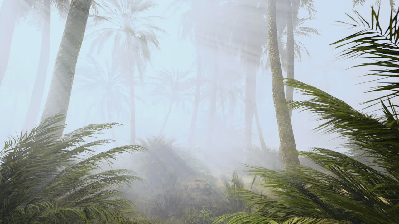 Misty tropical forest with palm trees and dense foliage in the early morning