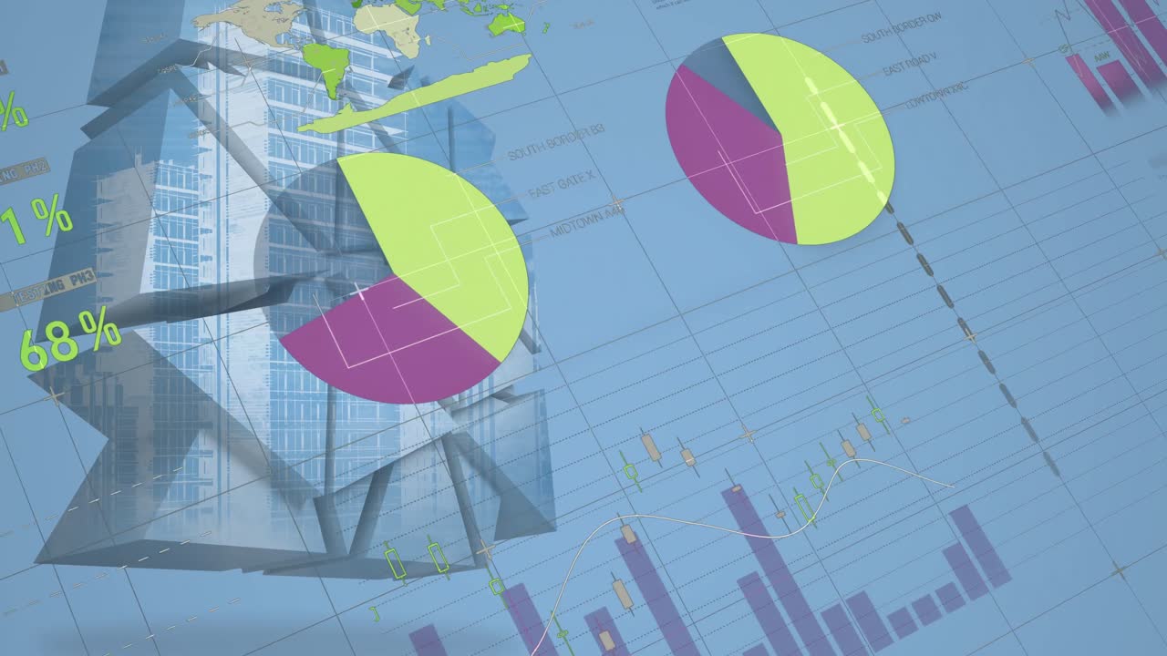 Animation of statistics with data processing over modern building on blue background