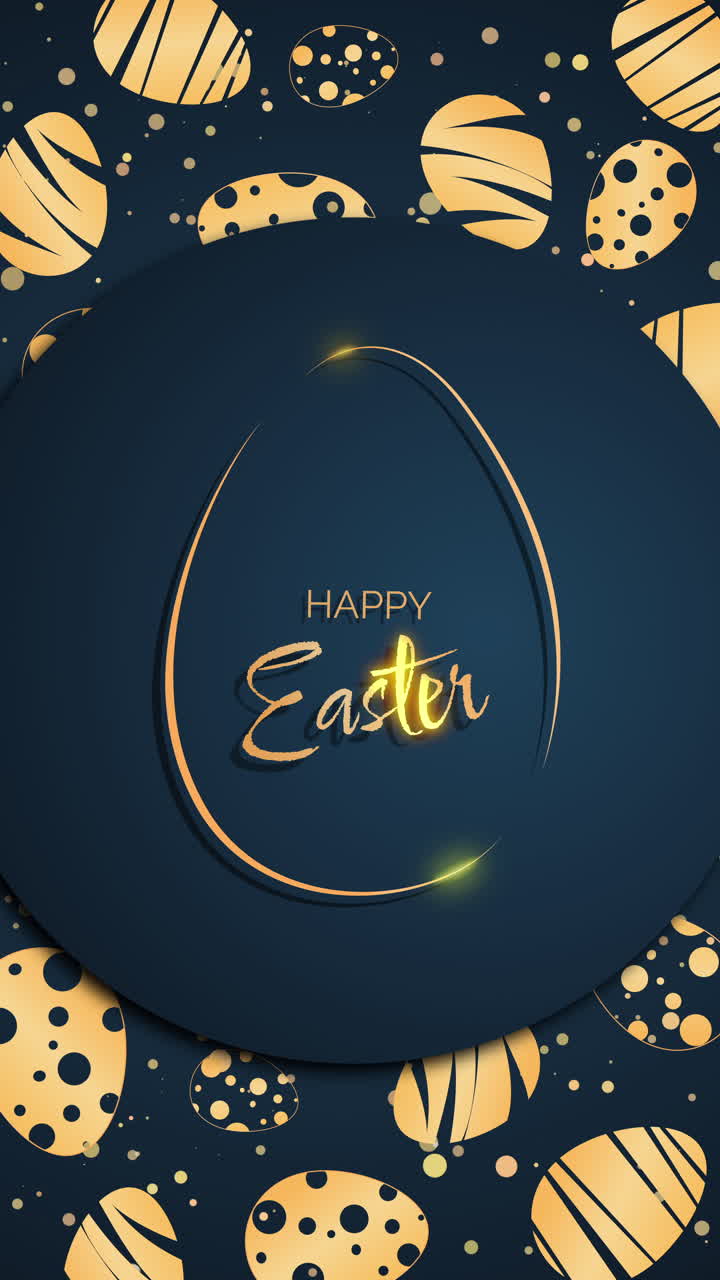 Easter egg sign with gold text in circle. Easter eggs with pattern. Spring holiday screensaver. Looped video. Happy Easter. Vertical video.