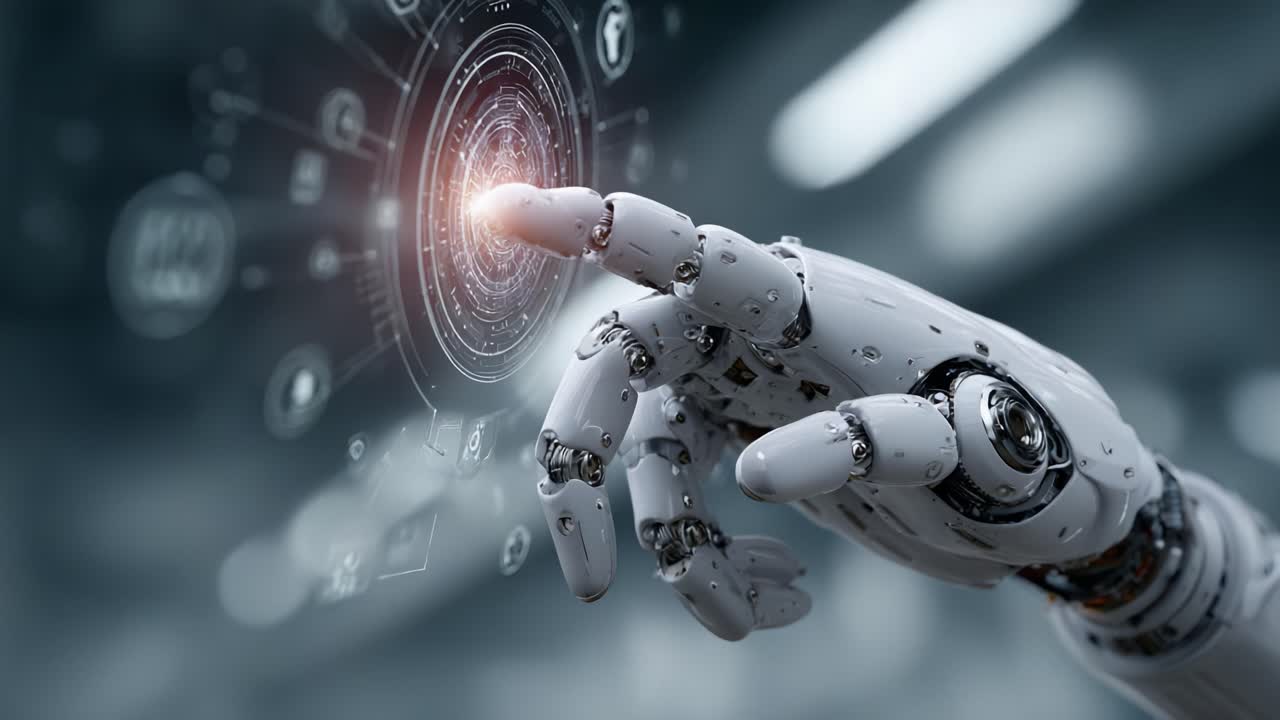 A futuristic robotic hand reaches out to interact with advanced holographic technology, showcasing the convergence of artificial intelligence and human-like functionality in modern designs