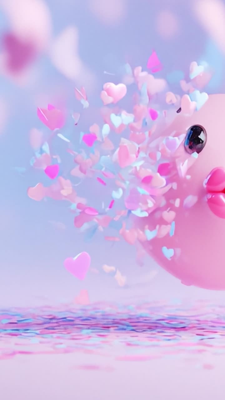 A whimsical pink character surrounded by a flurry of colorful hearts, capturing feelings of joy and celebration in a vibrant and playful atmosphere