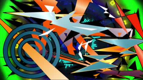 Animation-of-glowing-moving-kaleidoscopic-shapes-and-graphics-over-black-background