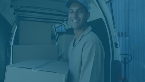 animation of data processing against portrait of caucasian delivery man holding boxes smiling