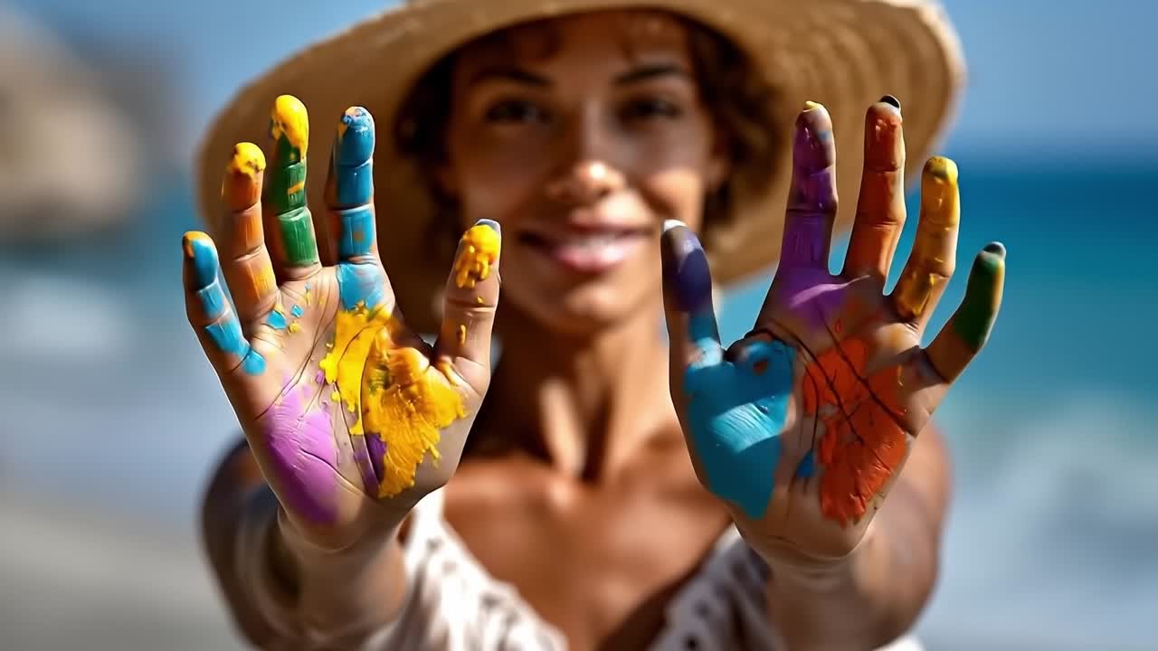 A woman in a straw hat holding up her hands covered in paint