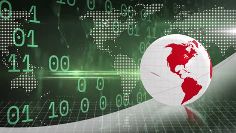 mapa del mundo digital y animación de código binario sobre globo rojo en el fondo de la cuadrícula