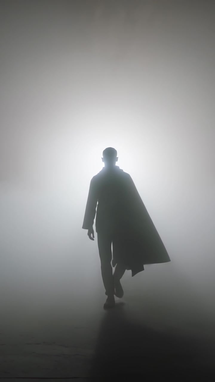 Vídeo vertical: Homem caminhando para frente em piso brilhante na névoa, com retroiluminação em halo e casaco longo.