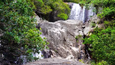 waterfall cascades on rock in virgin emerald green rainforest, vietnam